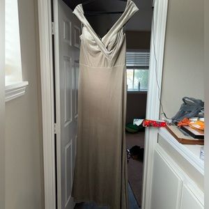 Revelry Bardot Velvet Sage Green Bridesmaid dress